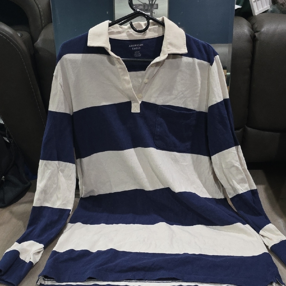 American Eagle Blue and White Striped Polo Shirt Tunic